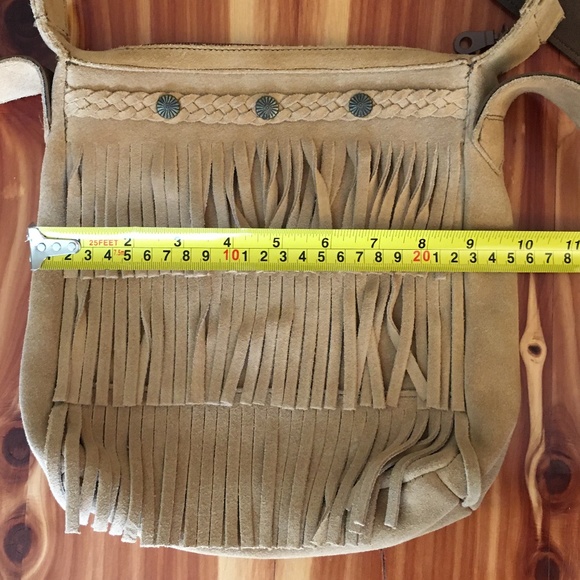 Minnetonka Camel Suede Fringe Mid-Size Crossbody Bag with Bronze Medallions - Picture 14 of 15